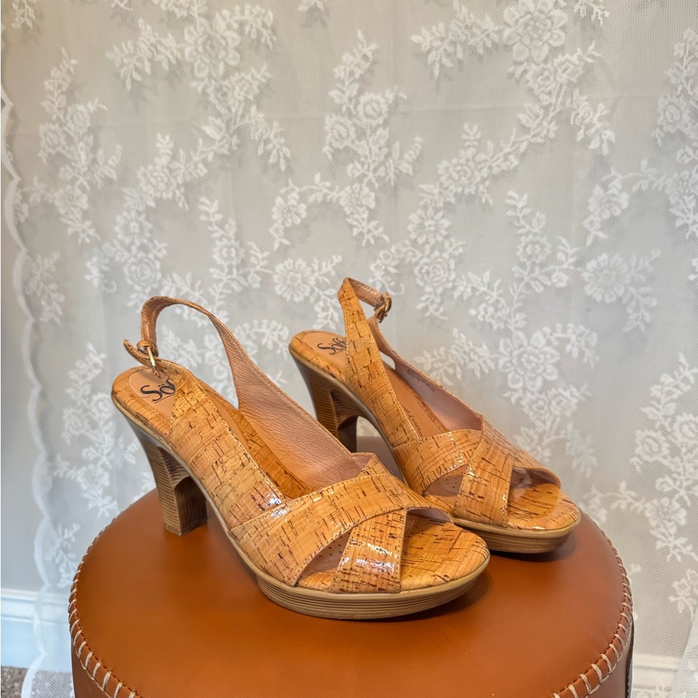 Sofft Cork Platform Slingback Heels with Peeptoe size 8